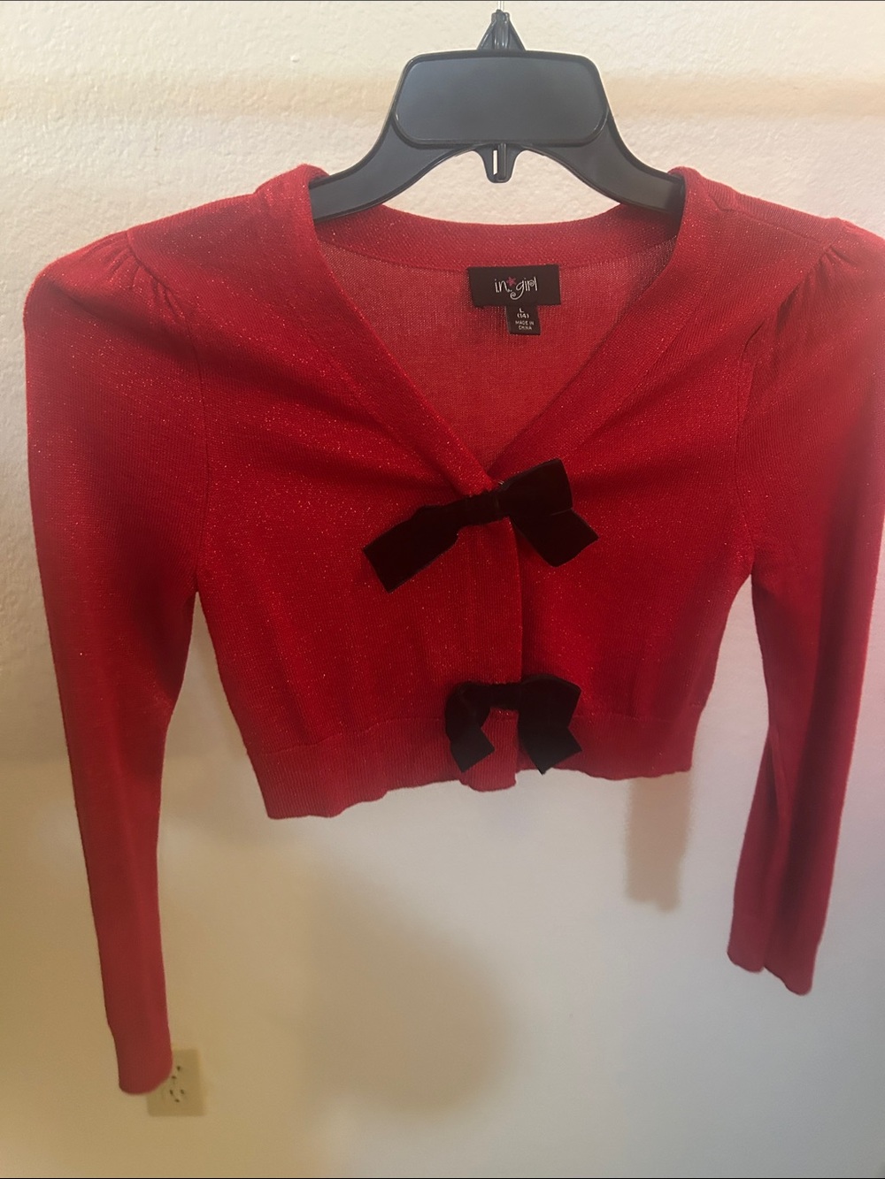 In Bloom Red Metallic Bow Cropped Cardigan